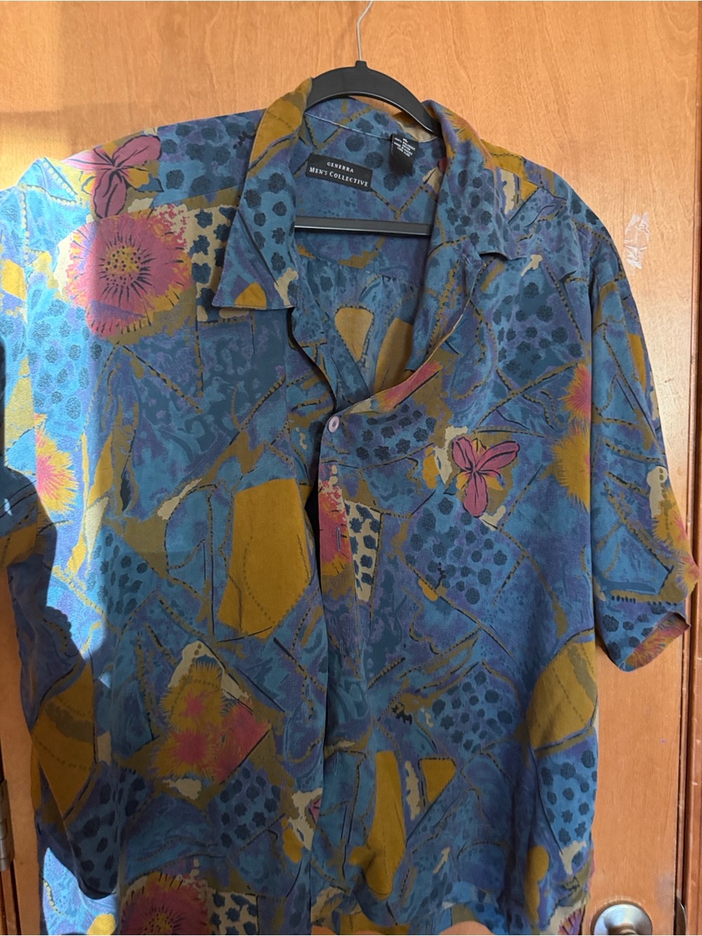 GENERRA Blue Short-Sleeve Button-Down with Mustard & Pink Floral Print
